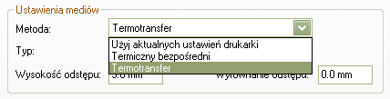 1.3 Właściwości materiału W zakładce "Materiał" definiuje się między innmi takie parametry jak: wybór metody druku oraz parametrów synchronizacji etykiet (pole "Ustawienia mediów"): do wyboru są trzy