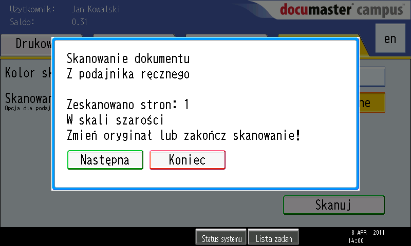 Skanowanie oryginał dokumentu skanowany jednostronnie lub dwustronnie (domyślnie dwustronnie), 3 Rysunek 26. Widok zakładki Kopiowanie na ekranie dotykowym urządzenia. 5.