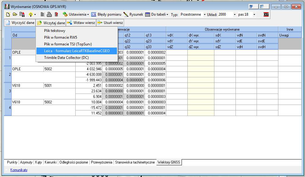Po zebraniu wszystkich niezbędnych danych przystąpiono do wczytania ich do modułu wyrównania osnów geodezyjnych. W pierwszym rzędzie zaimportowano wcześniej obliczone wektory GNSS.