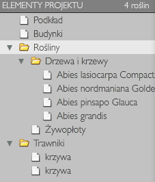 ELEMENTY PROJEKTU Z PODZIAŁEM NA WARSTWY Moduł ELEMENTY PROJEKTU zawiera wszystkie elementy projektu wraz z podziałem na warstwy: Podkład, Budynki, Rośliny, Trawniki. Rys.