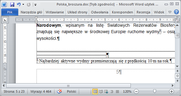 Rysunek 7. Okno programu z fragmentem broszury widoczny znacznik wstawionego przypisu dolnego i kursor, wyznaczający miejsce dla tekstu przypisu Rysunek 8.