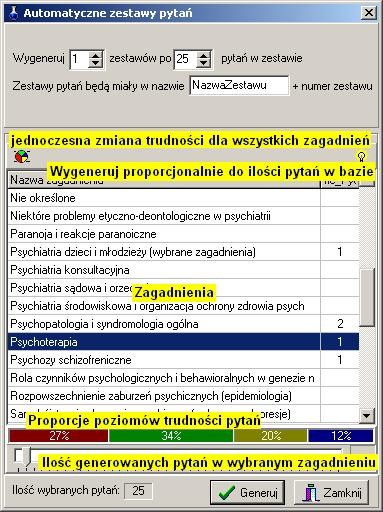 Zestawy pytań mogą być tworzone bezpośrednio przez użytkownika (poprzez dodanie pytania do zestawu) lub automatycznie (co także umożliwia późniejszą korektę przez prowadzącego egzamin).