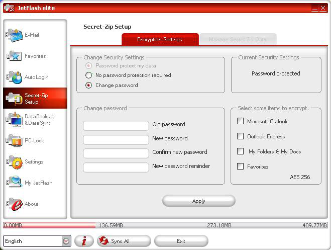 Secret-Zip Setup Podczas korzystania z aplikacji JetFlash elite po raz pierwszy, zalecamy, włączyd zabezpieczenie hasłem w celu ochrony dysku JetFlash.