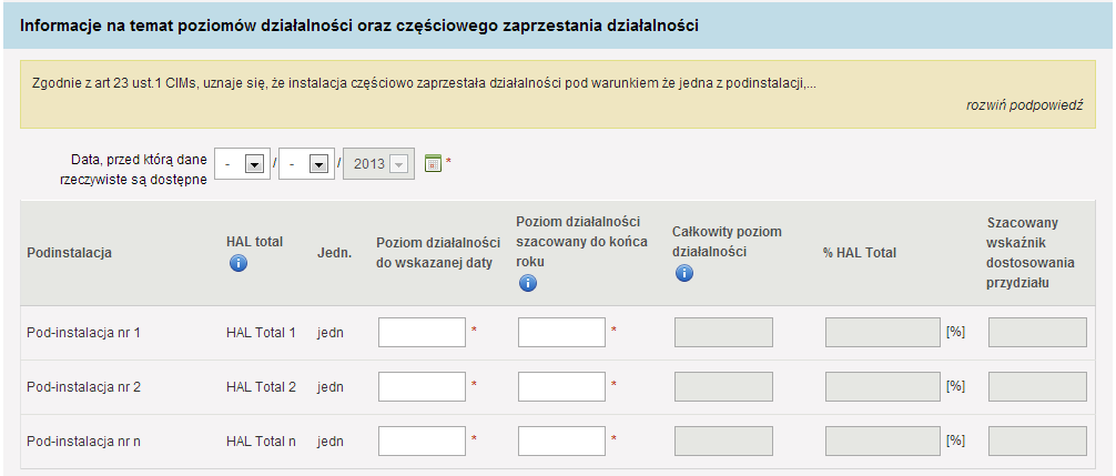 Poradnik dotyczący sporządzenia sprawozdania o zmianach w instalacji użytkownik, po naciśnięciu przycisku Rozwiń podpowiedź, uzyska dodatkowe informacje i definicje dotyczące zaprzestania