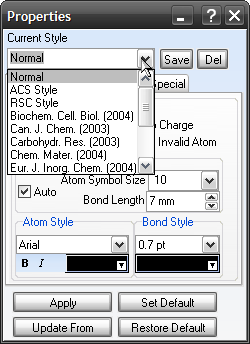 v. 0.2 4 Style Ważnym oknem dialogowym Chemsketcha jest okno właściwości. Pojawia się ono po wciśnięciu Alt+Shift+S lub wyborze z paska menu Tools-> Structure Properties.