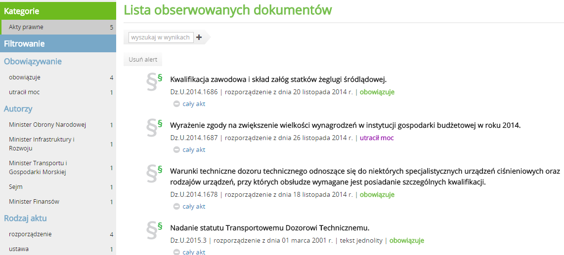 8.8 Alerty Alerty służą do przesyłania Użytkownikowi informacji na temat zdarzeń dotyczących wybranego dokumentu.