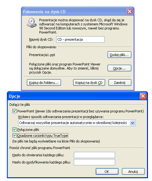 7. W obszarze Typ pakietu wykonaj jedną z następujących czynności: Aby określid sposób odtwarzania prezentacji w programie PowerPoint Viewer, kliknij opcję Pakiet archiwum (nie aktualizuj formatów