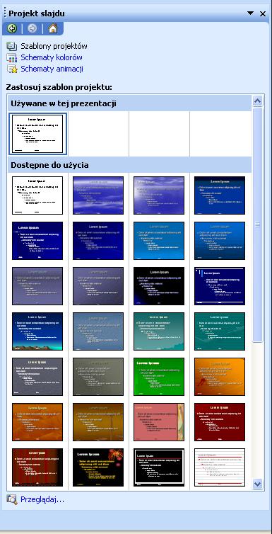 3. Kolejnym etapem jest wybranie odpowiedniego Motywu kolorystycznego, który będzie wzbogacał wizualnie naszą prezentację. Motywy te dostępne są w Projektach slajdu.
