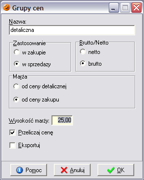 Podczas dodawania/edycji grupy cen użytkownik decyduje o takich parametrach jak: Nazwa grupy cen; Zastosowanie czy jest to cena zakupu czy sprzedaży; Brutto/netto czy cena będzie brutto (z VATem) czy