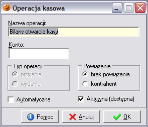 Podczas dodawania lub edycji operacji kasowych użytkownik ma możliwość uzupełnienia następujących informacji: Nazwa operacji; Konto pozwala uzupełnić konto wykorzystywane we współpracy z systemem