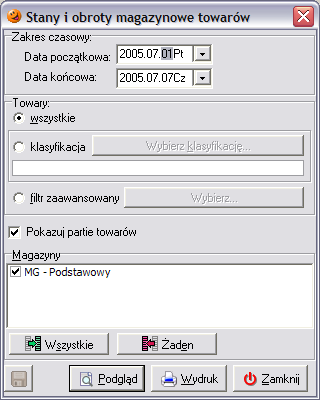19.2 Stany i obroty magazynowe towarów Jest to raport prezentujący dokładną historię przyjęć i wydań towarów z magazynu w zadanym okresie.