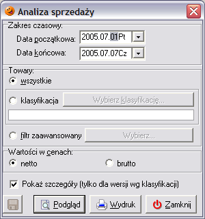 19.3 Analiza sprzedaży Raport ten pozwala na ustalenie wartości sprzedaży oraz uzyskanej na nich marży towarów lub ich grupy w zadanym przez użytkownika okresie.