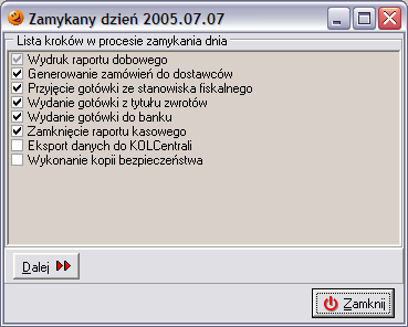 Po wybraniu przycisku Rozpocznij pojawi się okienko z informacją jaki dzień jest zamykany oraz lista kroków, które program będzie wykonywał podczas zamykania dnia.