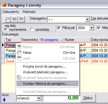 10.1 Faktura do dowolnego paragonu W celu wystawienia faktury do paragonu należy wejść w opcję Sprzedaż/Paragony i zwroty.