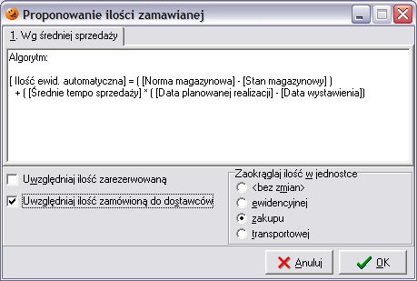 Dla wszystkich towarów znajdujących się na zamówieniu program wylicza ich średnią dzienną wydań, aktualny stan magazynowy oraz ilość towaru w drodze (znajdującego się na niezrealizowanych