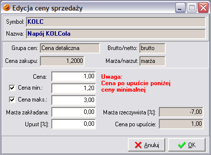 Nowe ceny sprzedaży zawiera dane, które użytkownik w zależności od posiadanych uprawnień może zmienić: o cenę sprzedaży wszystkich partii towaru; o widełki cenowe w granicach których można