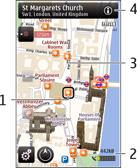Widok mapy Mapy 1 Wybrana lokalizacja 2 Obszar wskaźnika 3 Ciekawe miejsce (np.