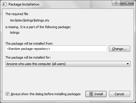 Dodatek C. Środowisko pracy 21 Krok 9. Gdy tylko spróbujesz uruchomić kompilator, zostaniesz zapytany, czy zainstalować brakujące pakiety (w tym wypadku listings).
