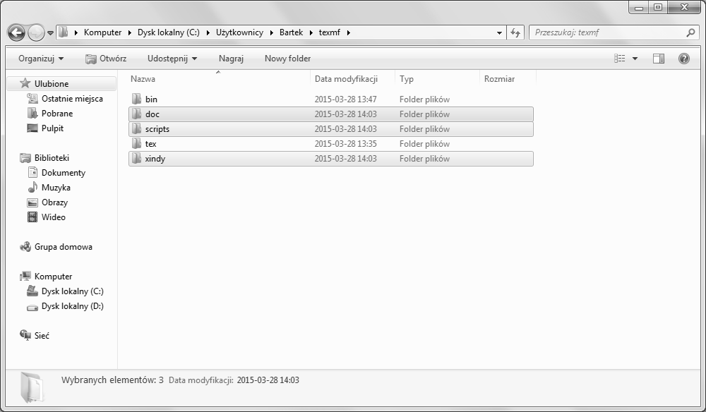 Dodatek C. Środowisko pracy 35 Krok 3. Z katalogu share/texmf-dist wewnątrz archiwum skopiuj wszystkie katalogi (doc, scripts oraz xindy) do schowka i wklej je w utworzonym wcześniej katalogu texmf.