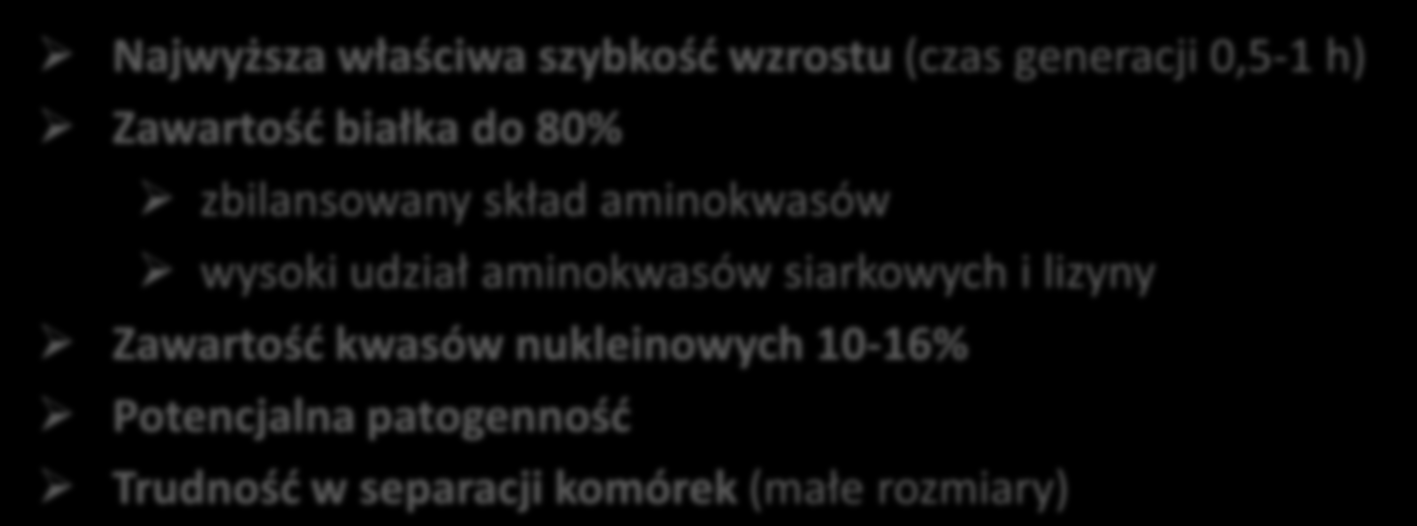 Biomasa bakterii Najwyższa właściwa szybkość wzrostu (czas generacji 0,5-1 h) Zawartość białka do 80% zbilansowany skład aminokwasów wysoki