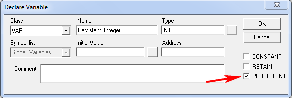 6. Zmienne PERSISTENT Zmienne, które mają być zapisane jako PERSISTENT wymagają specjalnej deklaracji muszą być umieszczone między wyrażeniami VAR PERSISTENT i END_VAR lub podczas automatycznej
