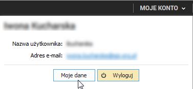 W celu sprawdzenia posiadanych przez użytkownika ról w instytucji można podejrzeć ich zestawienie klikając w prawym górnym rogu na pole MOJE KONTO, a następnie wybierając