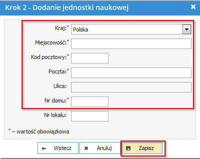 KROK 1: W wyświetlonym oknie wprowadzamy wymagane dane: Nazwa jednostki Kod instytucji Typ Data założenia Organ nadzorujący NIP Następnie zatwierdzamy przyciskiem Dalej,