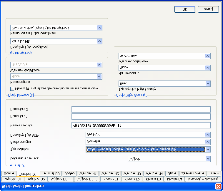 4. Wybierz zakładkę TerminalID1 bądź TerminalID0 w zależności od tego, czy czytnik podłączony w systemie działa jako terminal ID1, czy jako terminal ID0. Wyświetli się następujące okno dialogowe: 5.