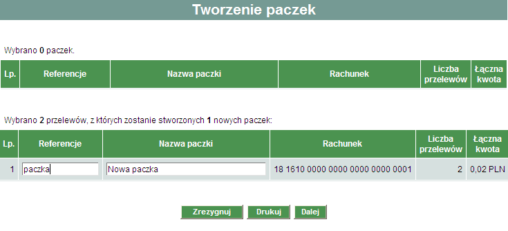 Można kopiować przelewy o statusach: anulowane, odrzucone. Należy je zaznaczyć, następnie z dolnego menu wybrać.