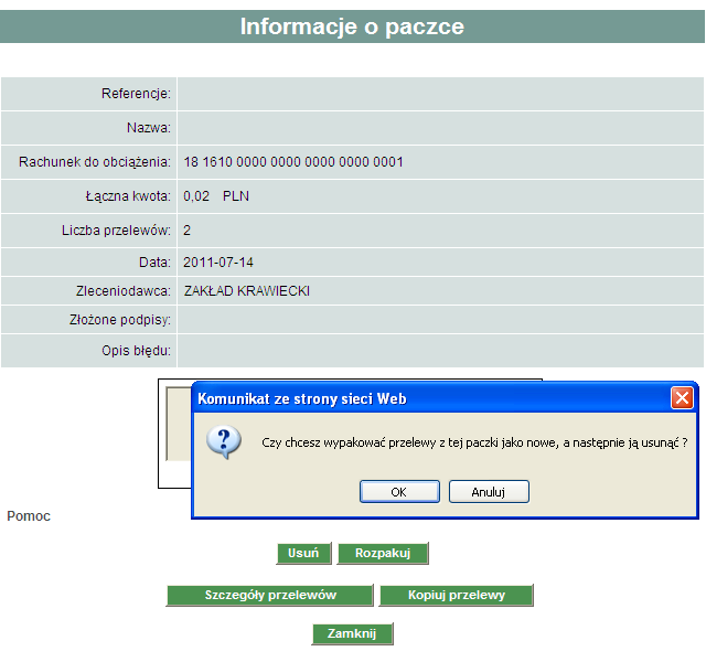 Informacje szczegółowe o przelewach w paczce przelewów Dla każdego statusu paczki funkcjonalność umożliwia wyświetlenie informacji szczegółowych o paczce oraz o przelewach pozostających w wybranej