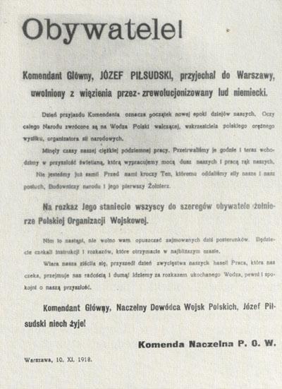 Obwieszczenie o przybyciu Piłsudskiego do Warszawy 10 listopada 1918 r.