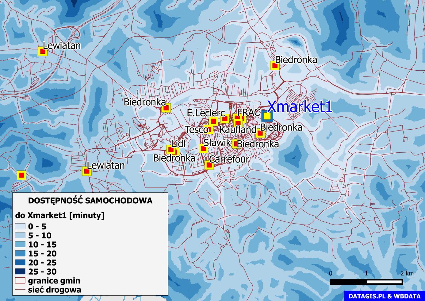 Dostępność samochodowa Analiza dostępności samochodowej wskazuje z kolei, że znaczna część analizowanego obszaru położona jest w strefie do 10 minut dojazdu samochodem do Xmarket1. Ryc.