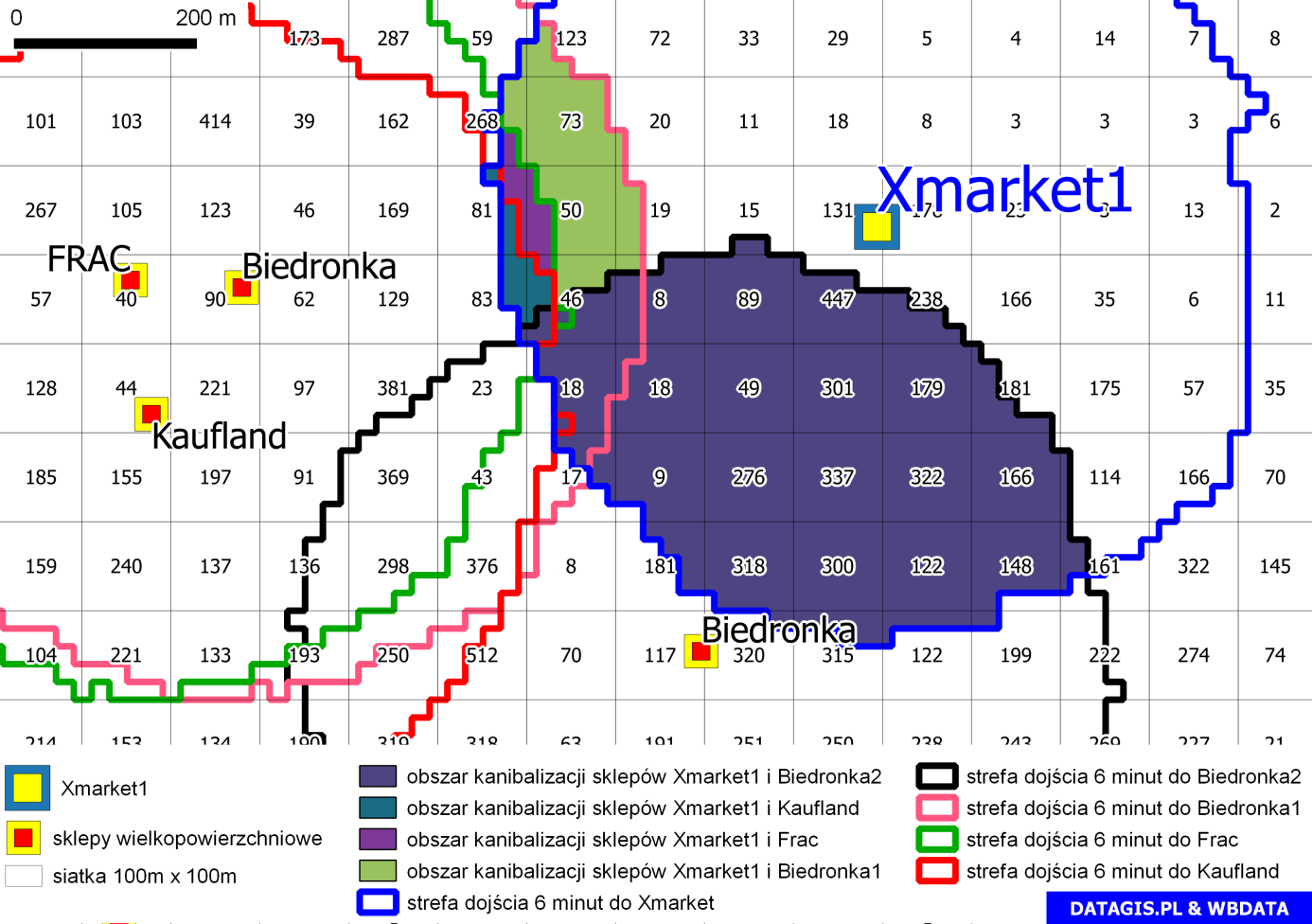 Obszary kanibalizacji Obszary oddziaływania planowanego obiektu handlowego Xmarket1 nachodzą na obszary oddziaływania 4 innych obiektów tj.