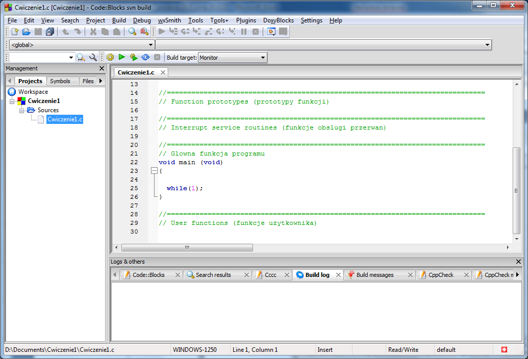 Tutaj kliknij Rys.8. Wygląd okna programu Code::Blocks po rozwinięciu drzewa projektu Rys.9. Wygląd okna programu Code::Blocks po kliknięciu na nazwę pliku z kodem programu 6.