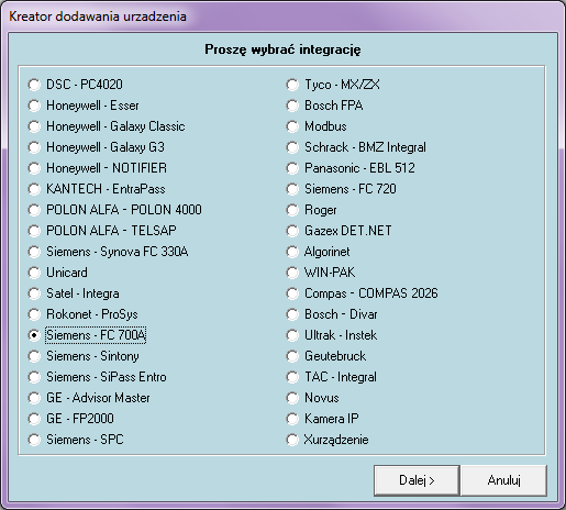 1.5. Dodawanie integracji Do ułatwienia procesu tworzenia połączenia z systemem FC700, został stworzony kreator dodawania urządzeń.