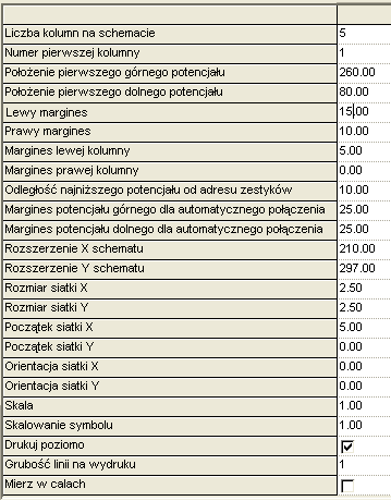 4.) Rozszerzenie X schematu 5.) 210. Wprowadzić szerokość arkusza. 6.) Rozszerzenie Y schematu 7.) 297. Wprowadzić wysokość arkusza. 8.) Liczba kolumn na schemacie 9.) 5. Wprowadzić liczbę kolumn. 10.