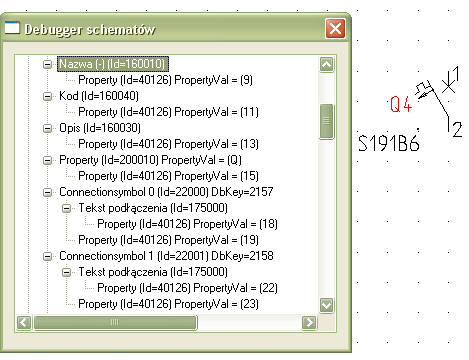 Edycja/Debugger CTRL+D Polecenie DEBUGGER pozwala wyświetlić wewnętrzną strukturę elementów w projekcie. 1.) Wybrać polecenie. 2.) Wskazać element na rysunku, który nas interesuje. 3.