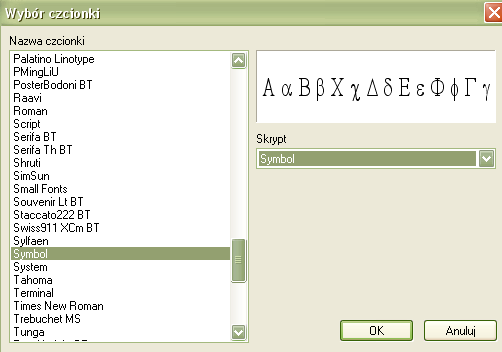 Czcinka: pozwala wybrać czcionkę wektorową lub czcionkę Windows. 1.) Kliknąć na przycisk. 2.) Wybrać odpowiednią czcionkę.