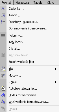 - 1 - FORMAT Aby uruchomic menu programu nalezy Wskazac myszka podmenu Format a nastepnie nacisnac lewy przycisk myszki lub Wcisnac klawisz <F10> (wejscie do menu), nastepnie klawiszami kursorowymi