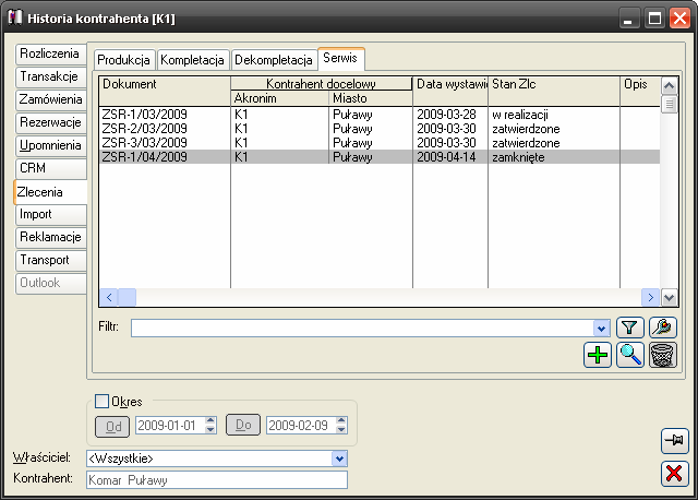 Rys. 6.26 Historia kontrahenta, zakładka: Zlecenia/Serwis.