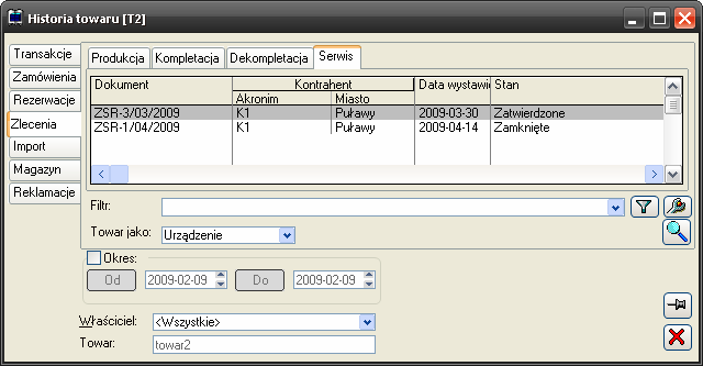 Na liście zleceń wyświetlone są informacje: Data wystawienia, Numer dokumentu, Właściciel, Obiekt, Stan zlecenia. Rys. 6.27 Historia towaru, zakładka: Zlecenia/Serwis. 6.11 Realizacja zlecenia serwisowego 6.