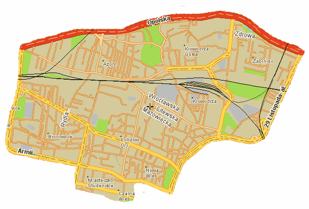 Rys. 5. Fragment planu miasta Krakowa obejmujący obręby ewidencyjne poddane analizie: 2, 3, 4, 41, 44, 45, 46 Żródło: www.mapa.szukacz.