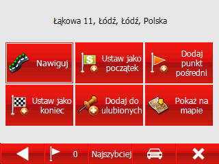 Ulubione Wybierz jedną z grup, a następnie jeden z ulubionych punktów. Pojawi się następujący ekran. Następnie wybierz Nawiguj i Twoja trasa zostanie wytyczona.