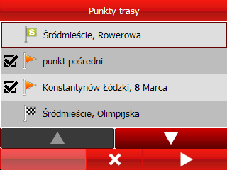 Wyznaczanie trasy Aby sprawdzić ustalone punkty trasy, wybierz opcję Punkty trasy. s Aby wybrać punkt trasy, naciśnij go.