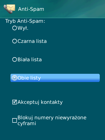 ZMIENIANIE TRYBU MODUŁU ANTI-SPAM W celu wybrania trybu modułu Anti-Spam: 1. Wybierz element Tryb znajdujący się na zakładce Anti-Spam.