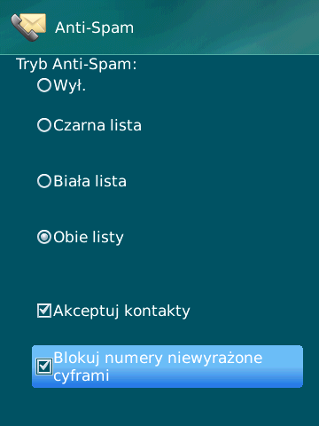 REAKCJA MODUŁU NA WIADOMOŚCI SMS PRZYCHODZĄCE Z NUMERÓW NIEWYRAŻONYCH CYFRAMI Jeżeli dla modułu Anti-Spam wybrano tryb Obie listy lub Czarna lista (patrz sekcja "Tryby moduły Anti-Spam" na stronie