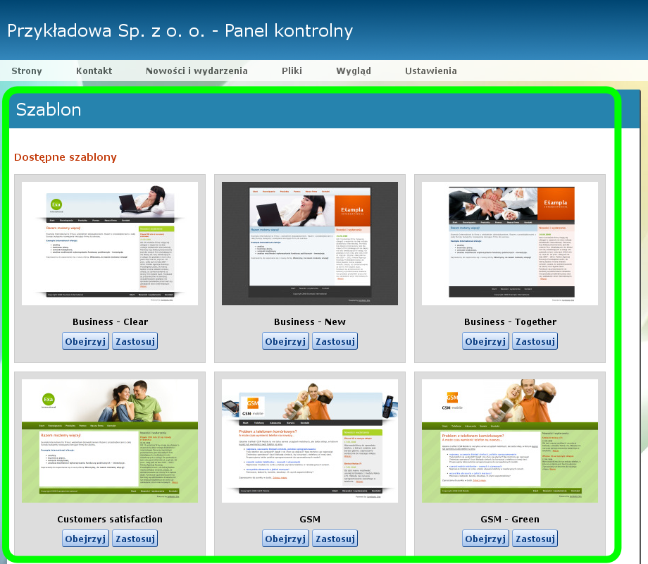 Ilustracja 17: Moduł Wygląd - galeria szablonów graficznych Dostępne szablony graficzne można obejrzeć i ustawić