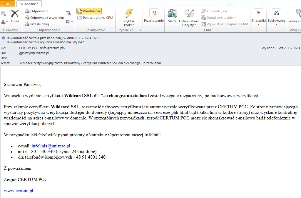 4. Instalacja Certyfikatu Po wykonaniu powyższej procedury z poprzedniego punktu otrzymamy stosownego e-maila z z informacją o