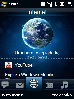 TouchFLO 71 Internet Na karcie Internet można otworzyć program Opera Mobile, aby przeglądać strony internetowe i dodawać je do ulubionych, co pozwoli na szybki dostęp do nich.