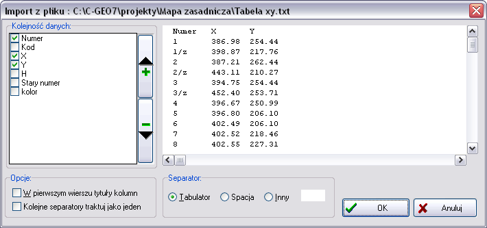 Tabela xy.txt: po akceptacji Otwórz (rys. 5.3.4) a następnie OK (rys. 5.3.5) dane te są wprowadzone do tabeli Punkty (rys. 5.3.6).